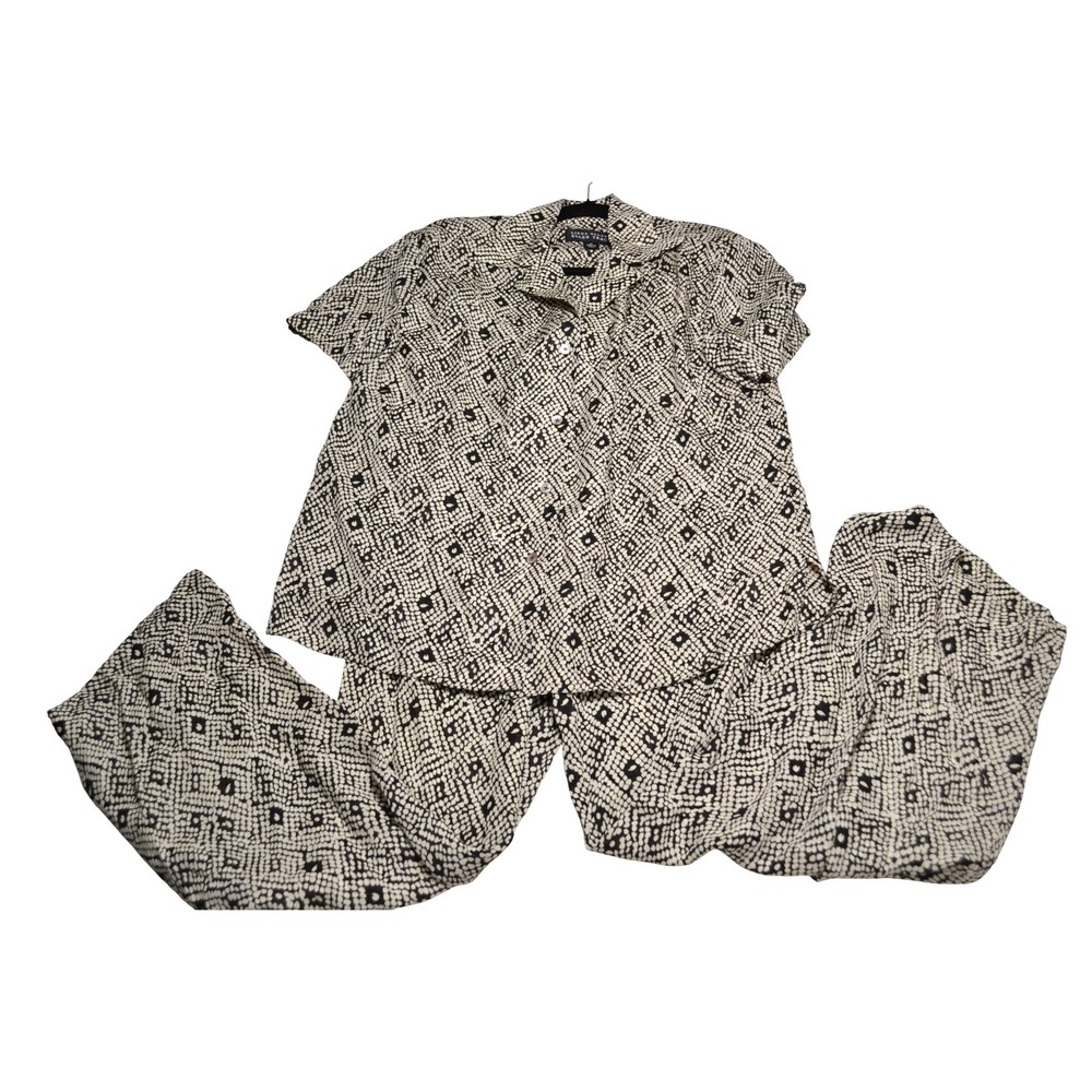 Vintage Linda Allard Ellen Tracy Silk Work Pant Set 14 Black Cream Geometric New - Picture 4 of 10